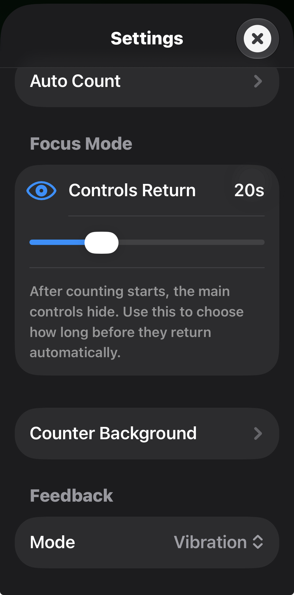 Settings screen showing Auto Count, Focus Mode, Counter Background, and Feedback options