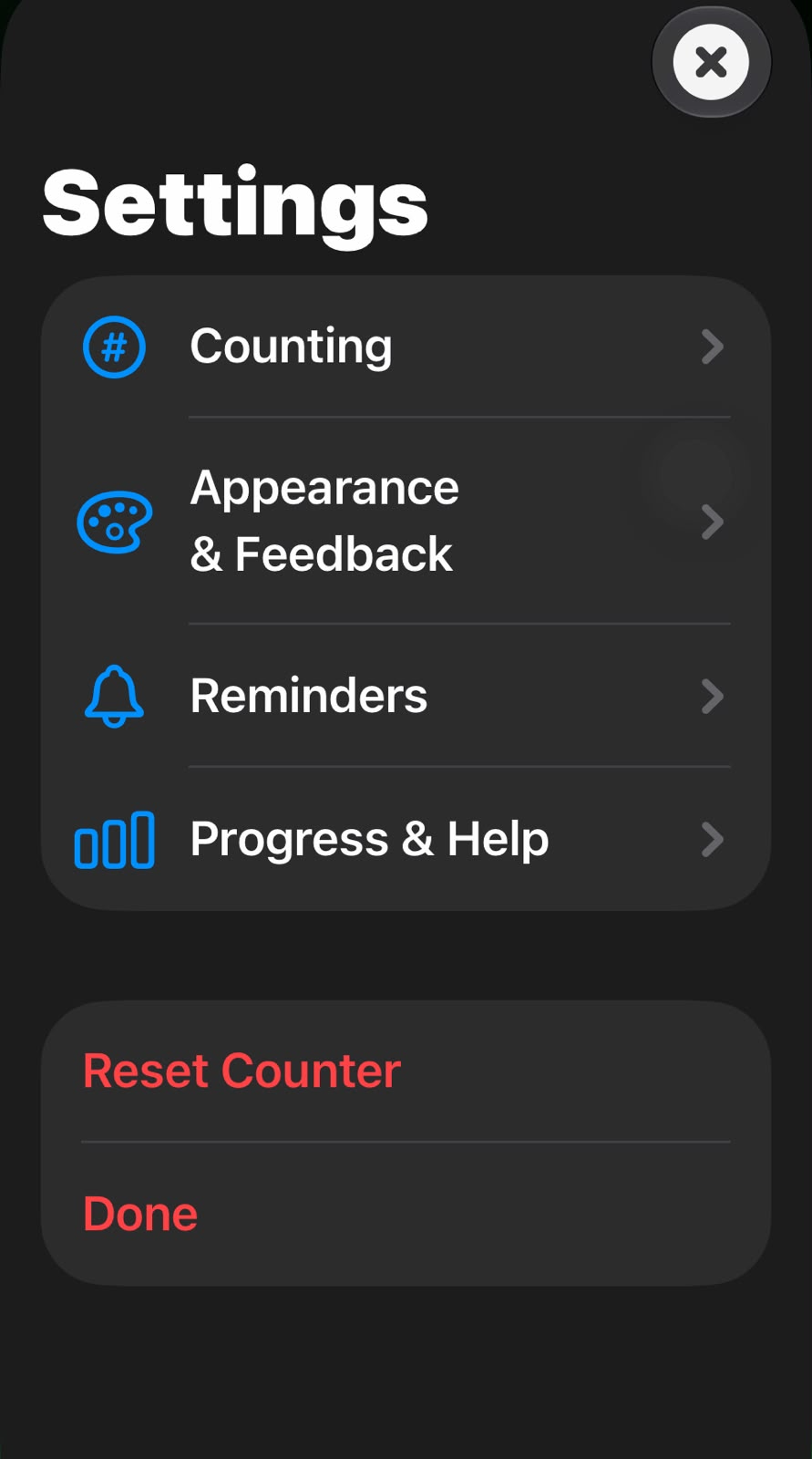 Settings screen showing Auto Count, Focus Mode, Counter Background, and Feedback options
